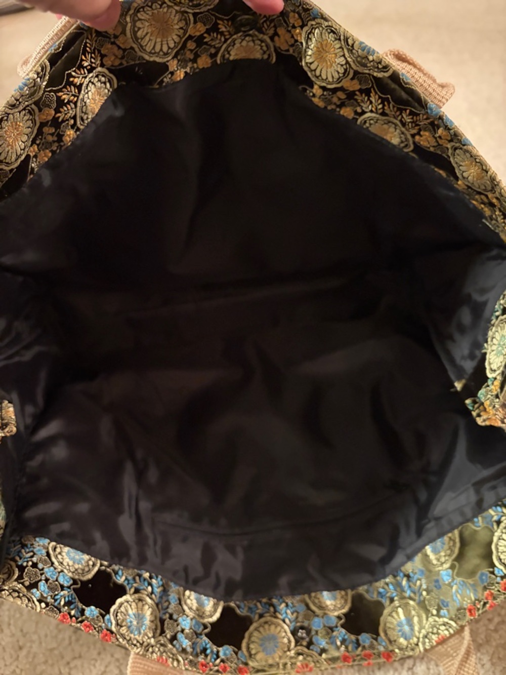 Oriental Olive Green Vibrant Floral Jacquard Satin Tote Bag with Beige Straps - Picture 15 of 16